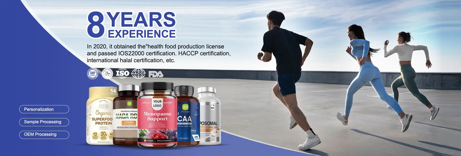 A man and two women running, with a display of our supplement products, and text highlighting 8 years of experience and quality certifications