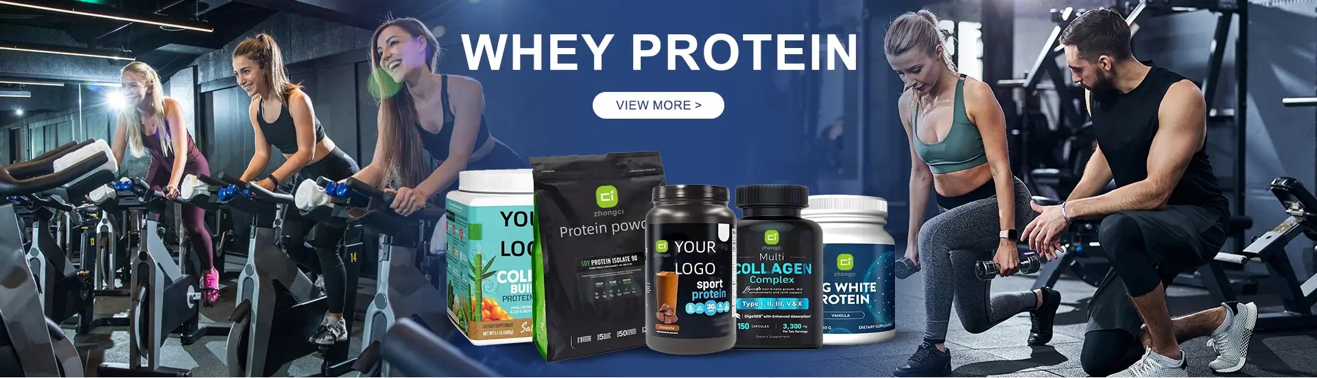 Young people working out in a gym with various whey and collagen protein supplements